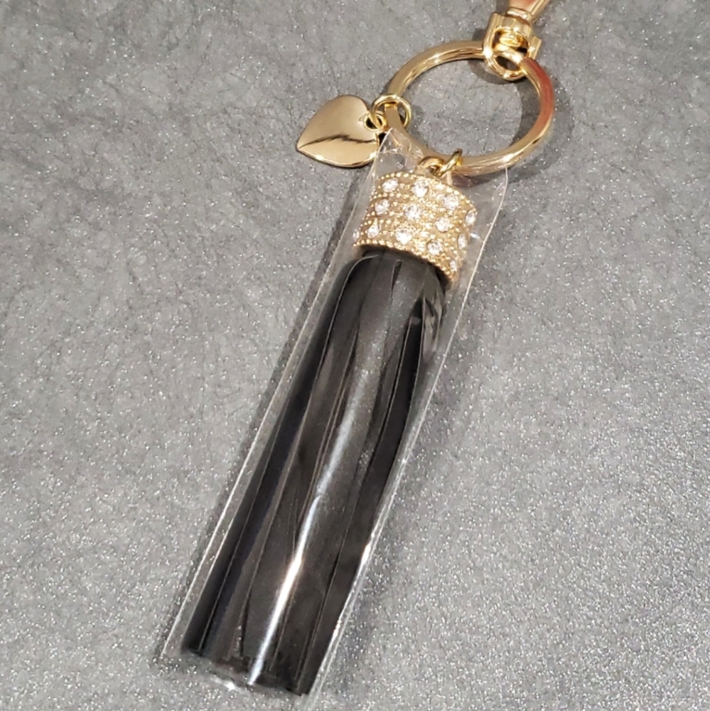 New Black & Gold Leather Tassel w Diamond Accents